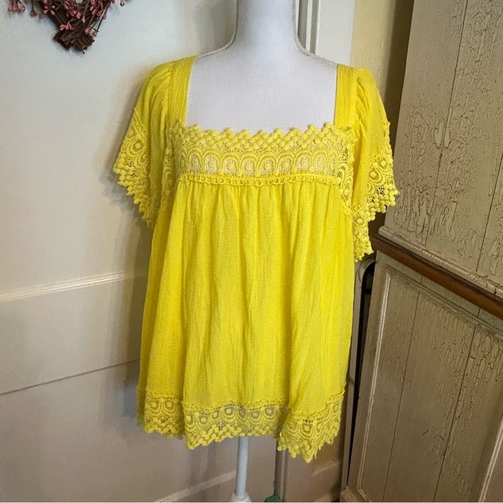 Grace Karin Bright Yellow Lace-Trim Square Neck Top